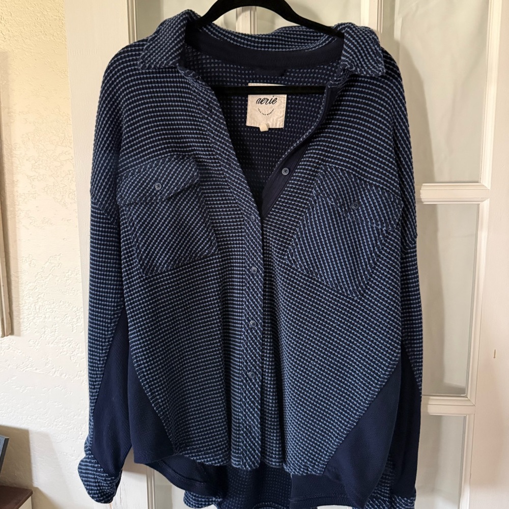 aerie Navy Textured Knit Button-Up Shirt Jacket